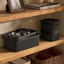Fluted Cardboard Storage Baskets With Leather-Like Lids, Paper Boxes Decorative Tray, Modern Basket Organizer Bins For Jewelry Shelve Bathroom Bedroom Organizing,Black, Set Of 3 - Black - 查看 4