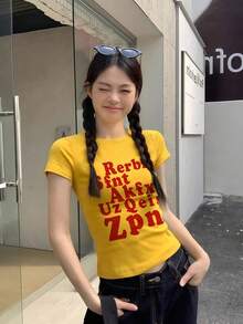 Red Letter Print Short Sleeve T-Shirt For Women, Summer Sexy Slim Fit Cropped Design Top Casual Yellow - Yellow - View 4