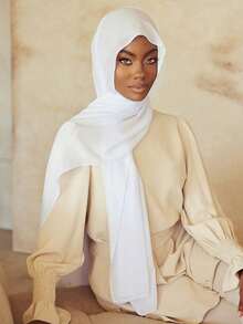 女士围巾和针织帽两件套，多功能内衬头巾帽组合，中东风格头巾长袍配套弹力针织帽和雪纺围巾休闲装 - 白色 - 查看 1