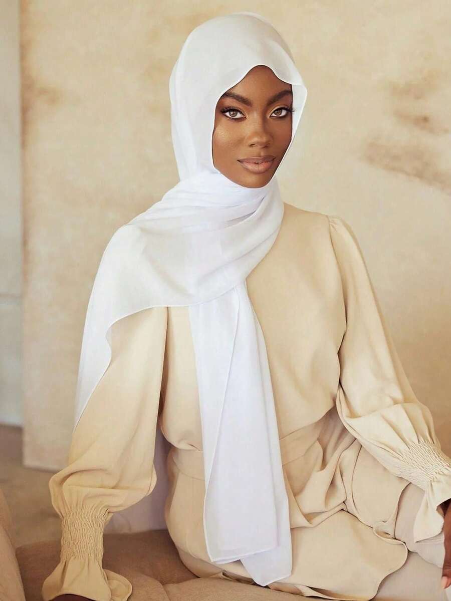 女士围巾和针织帽两件套，多功能内衬头巾帽组合，中东风格头巾长袍配套弹力针织帽和雪纺围巾休闲装 - 白色 - 查看 1