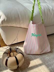 1pc Multi-Color Customized Embroidery Patchwork Striped Shoulder Bag, Fashion Tote Bag With Ruffle Strap, Personalized Bag For Shopping, Commuting, Daily Use, Travel Or Leisure Outing - Multicolor - View 6