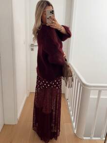 Women Satin Lace Trim Midi Skirt Polka Dot Print High Waist Long A-Line Skirts Vintage Silk Going Out Dress Y2k Streetwear Party Clubwear - 蕾絲拼接紅色 - 查看 5