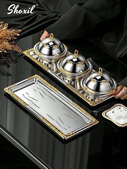 shoxil 1 pièce Plateau long en fer doré, plateau de service, plateau de rangement, plateau à légumes, plateau de style moyen-oriental, disponible en 3 tailles, convient pour la maison, le restaurant, la salle à manger, peut également être utilisé pendant le Ramadan