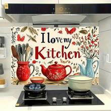 1张2D平面PVC厨房装饰贴纸，印有“我爱我的厨房”字样——防水、防油、防刮擦，简约设计，适合现代厨房或家居装饰；适用于墙壁、橱柜、衣柜和塑料表面。 - 彩色 - 查看 4