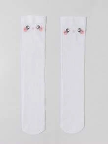 1 Pair Cute Shy Face Print Over-The-Knee Socks, Anime/Manga Style, Summer