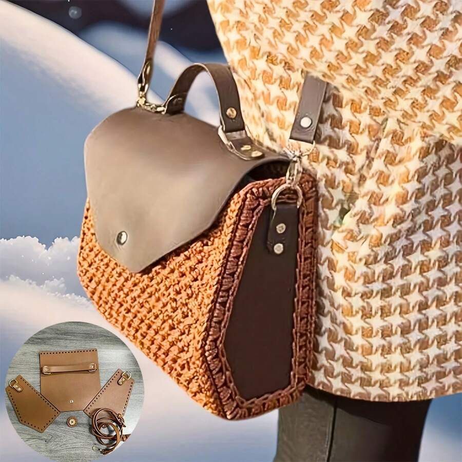 5件套钩针包包配件，钱包制作套装，棕色和黑色方形手提包，钩针编织套装，带包盖、肩带和侧片的钩针手提包，易于制作，女士钱包制作，钱包制作配件