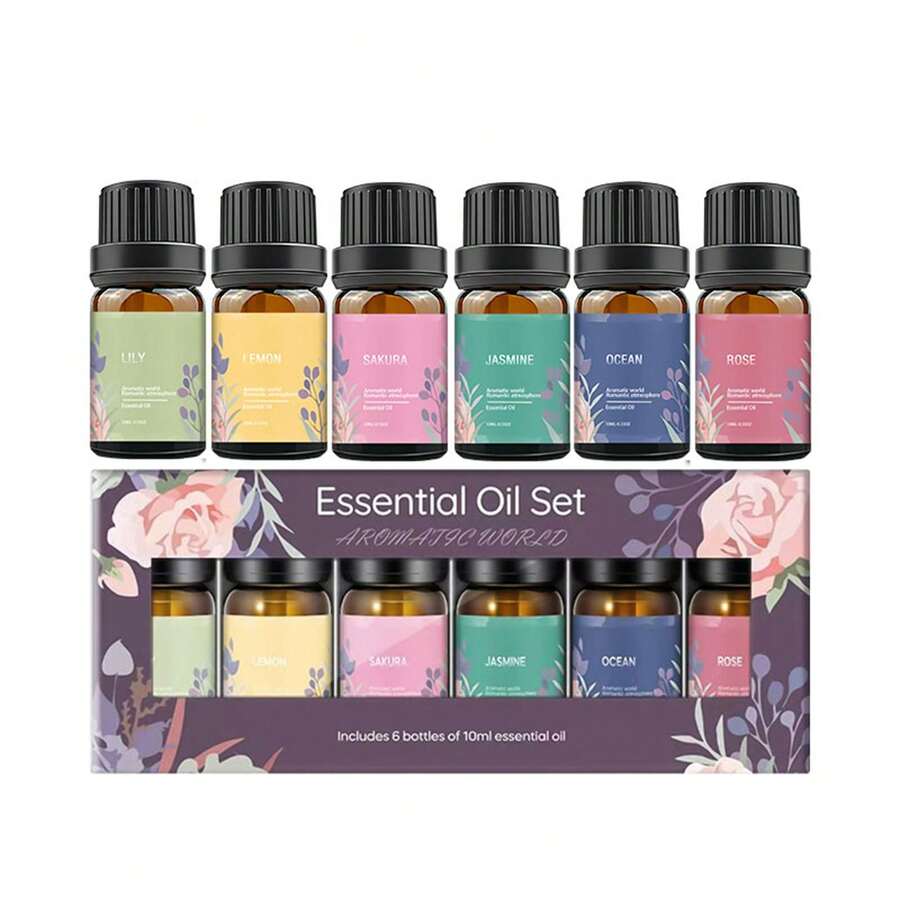 Essential Oil Set, 6 X 10ml Perfect For Aromatherapy Machines, Diffusers, And Candle Making. Includes Rose, Jasmine, Lemon, Lily, Ocean, And Cherry Blossom Scents. The Perfect Gift For Friends, Loved Ones, And Family. - Multi Scents - View 1