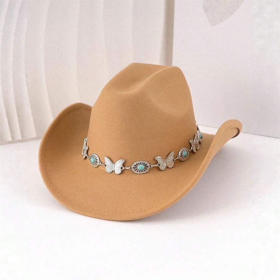 Sombreros de vaquera para mujer, estilo fedora jazz de ala ancha enrollada estilo western con cinturón decorativo de mariposa turquesa. - Caqui - Ver 1