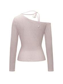 阳光少女风粉色波点针织长袖上衣，韩版纯粹欲望风格，单肩蝴蝶结系带，适合夏季情人节、居家休闲或日常通勤穿着。 - 粉色 - 查看 4