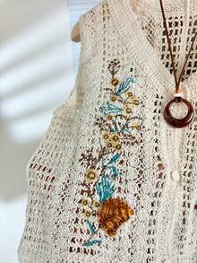 Áo croptop không tay khoét lỗ thêu ren kiểu Pháp ngọt ngào và cay nồng dành cho nữ, thích hợp cho kỳ nghỉ. - Màu be - Xem 6