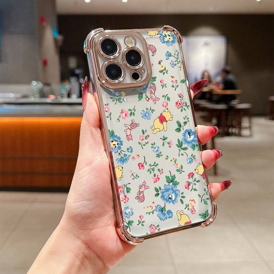 Disney.What Floral Patterned Phone Case With  Winnie The Pooh Showing Friendship And Joy. Compatible With IPhone 17, 16, 15, 14, 13, 12, And 11 Pro Models. Made Of TPU With Shockproof Protection. A Delightful Gift For Loved Ones, Perfect For Birthdays, Holidays, And Special Occasions. - Hoa hồng vàng - Xem 1