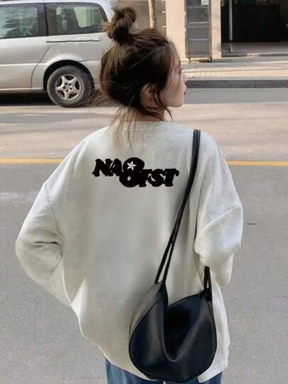 Women's Simple Solid Light Gray Contrast English Graphic Double-Sided Print Base Layer Loose Casual Versatile Daily Wear Commute Street Y2K Crew Neck Ribbed Long Sleeve Top T-Shirt