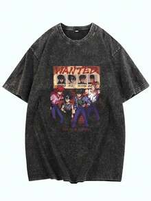 Washed-Distressed Gray-Black T-Shirt | YuYu Hakusho Anime Comic Print Streetwear Top - 黑色 - 查看 1