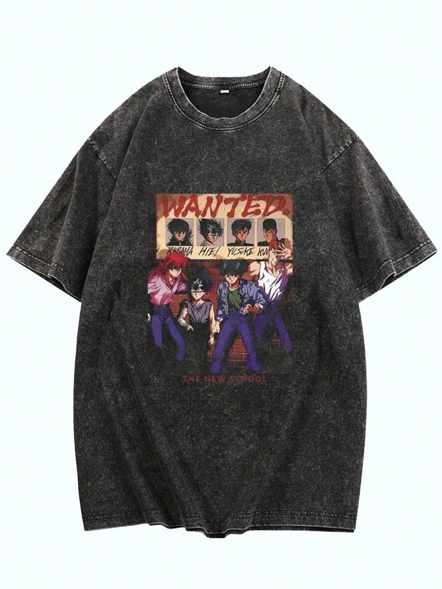 Washed-Distressed Gray-Black T-Shirt | YuYu Hakusho Anime Comic Print Streetwear Top - 黑色 - 查看 1