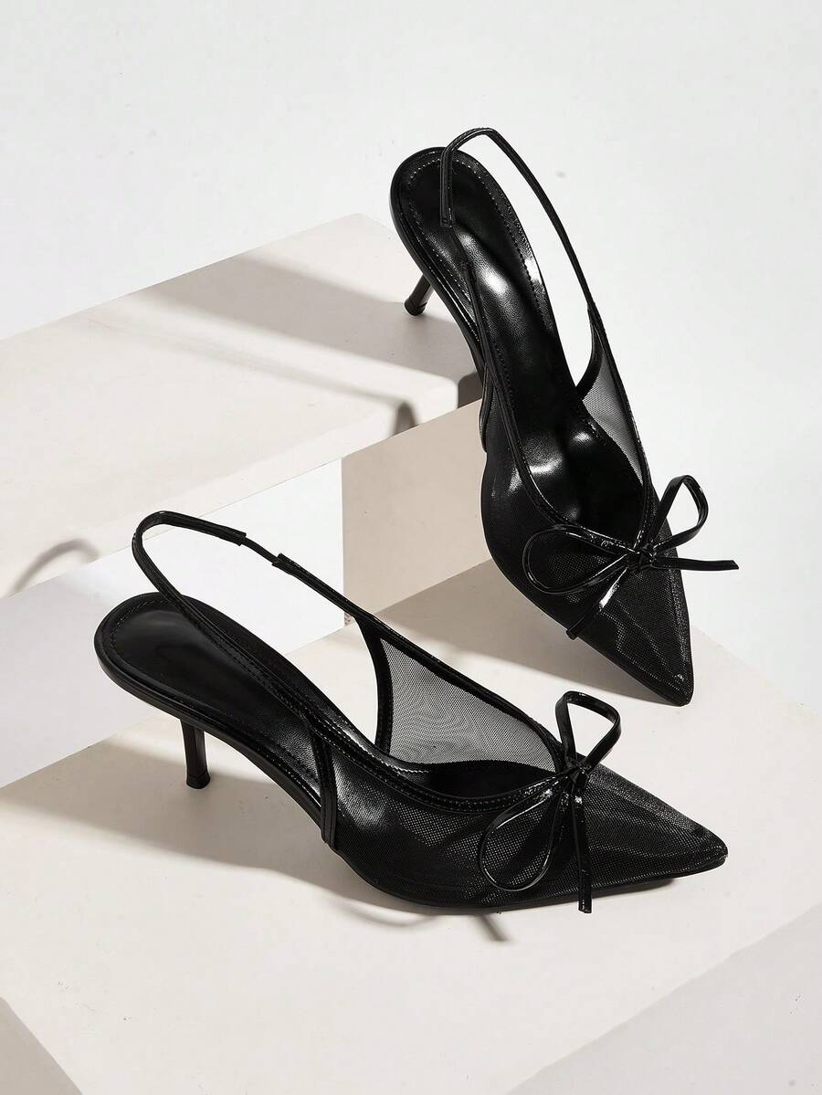 Sandal Hak Tinggi Stiletto dengan Ujung Lancip, Jaring Berpori, dan Tali Pergelangan Kaki Berhiaskan Pita, Minimalis dan Elegan untuk Pesta, Perjamuan, dan Kantor. - Hitam - View 1