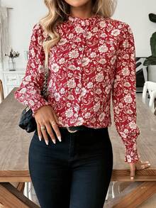 女士时尚通勤印花立领荷叶边长袖衬衫 - 紅色 - 查看 6