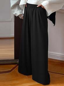 DAZY 女士宽松阔腿裤，带纹理松紧腰带，长款，秋季服装 - 黑色 - 查看 1