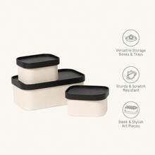 LA JOLIE MUSE Fluted Cardboard Storage Baskets With Leather-Like Lids, Sturdy Stackable Paper Boxes Decorative Tray, Black & Beige, Set Of 3 - Beige & Black - View 4