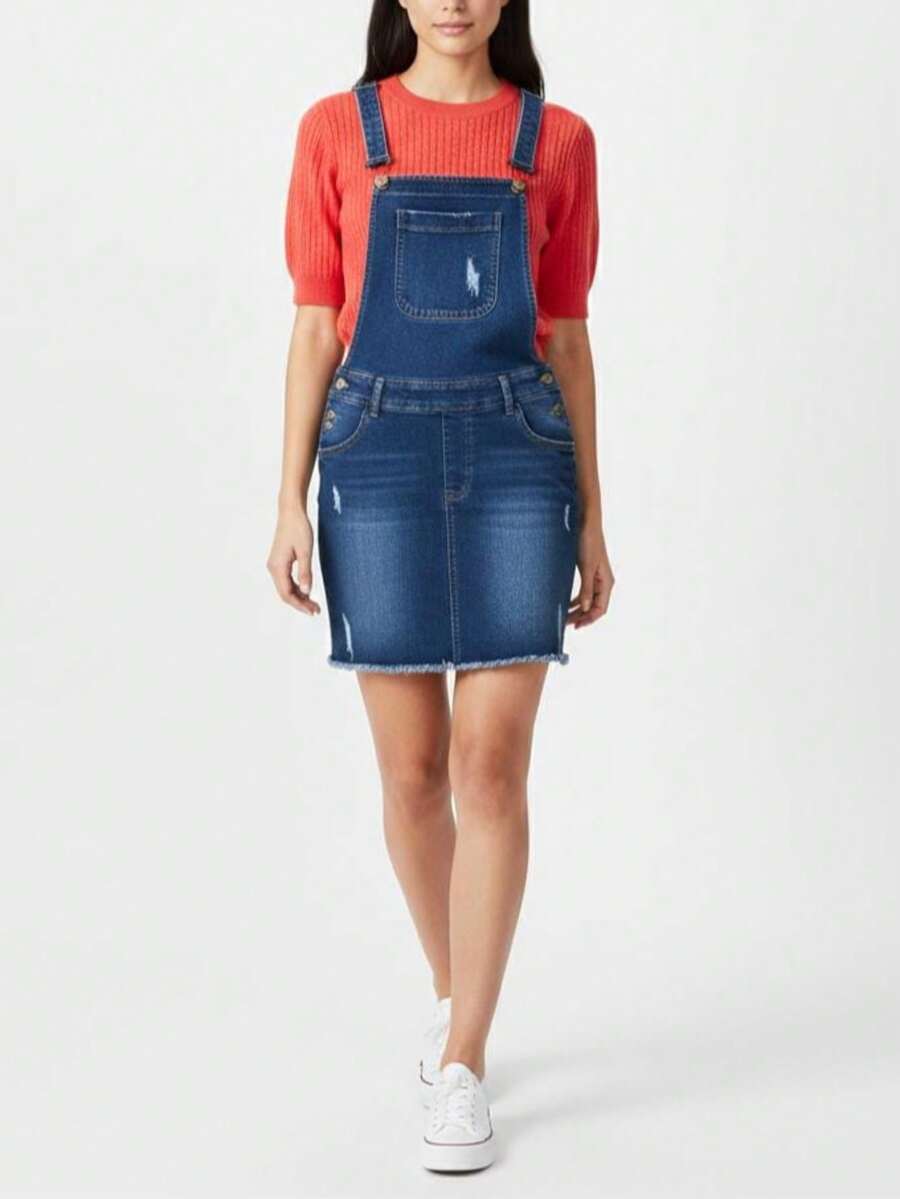 JUMPER PETO OVEROL FALDA CORTA MINI DE MEZCLILLA DENIM STRETCH CASUAL Y SEMI FORMAL PARA MUJER CON DETALLES DE DESGASTADO ENTALLADO AJUSTADO CON BOLSAS Y BOTONES