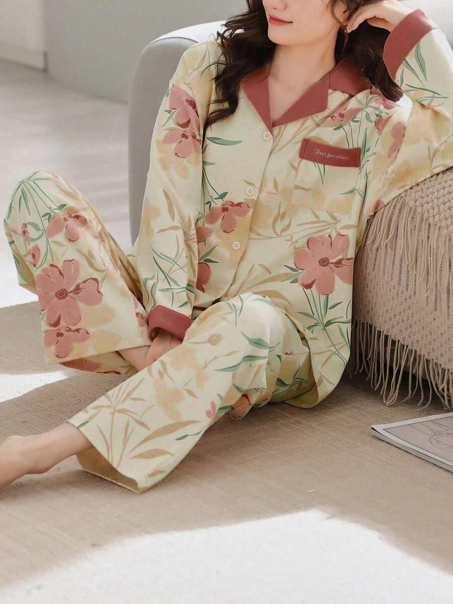 Bộ đồ ngủ nữ 2 món, áo khoác cardigan in hoa có cổ và tay dài, quần in hoa có túi, thoải mái và thời trang, phù hợp cho mùa xuân và mùa thu, lý tưởng để mặc ở nhà. - Hồng - Xem 1