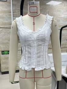 Women Solid Color Lace Tank Top Cute Y2K Lace Crop Vest Casual Square Neck Open Front Cami Top Summer Streetwear - 白色 - 查看 8