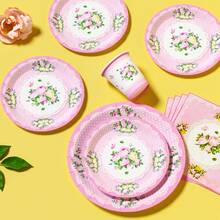 一套粉色花卉图案一次性餐盘、餐巾纸、杯子，适合25位客人，一次性派对用品，适用于生日、婚礼、主题派对、家庭野餐等场合。 - 彩色 - 查看 4