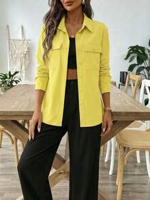 A&DD MODA, REF: AS1933 - Women's Long-Sleeved Shirt-Style Jacket, Solid Color, Casual Mid-Length, Suitable For Everyday Wear And Work. - 黃色 - 查看 6