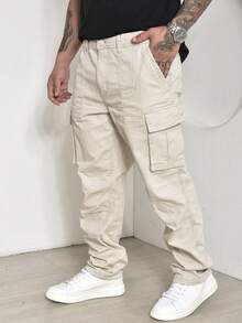 Men's Casual Cargo Pants With Multi-Pocket Design And Elastane - Màu be - Xem 1