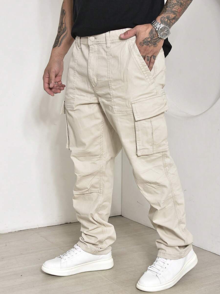 Men's Casual Cargo Pants With Multi-Pocket Design And Elastane - Màu be - Xem 1