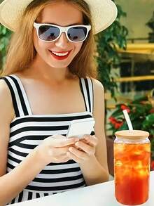 1PC High Borosilicate Glass Beverage Cans With LIDS And Straws, Glass Water Cups, Suitable For Iced Coffee, Tea, Juice And Milk, Water Cups, Transparent Glass Beverage Containers With Wooden LIDS, Suitable For Home And School, Restaurant And Party Use - Multicolor - View 4