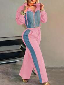 两件套女士口袋拼接套装，适合居家、通勤和户外穿着，春季款 - 亮粉紅色 - 查看 4