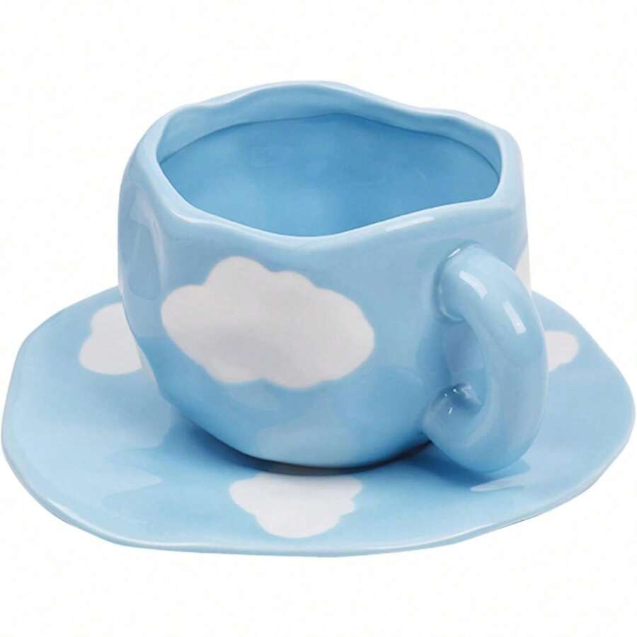 Ceramic Coffee Mug With Saucer Set, Cute Creative Cup Unique Irregular Design For Office And Home, Dishwasher And Microwave , 10 Oz/300 Ml For Latte Tea Milk (Red Heart) - Trời xanh mây trắng - Xem 1