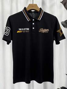男士夏季休闲短袖字母印花 Polo 衫，适合工作场合/丈夫和父亲
