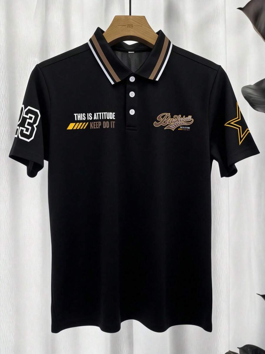 男士夏季休闲短袖字母印花 Polo 衫，适合工作场合/丈夫和父亲