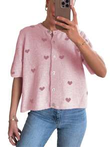 Womens Lightweight Short Sleeve Cardigan Button Down Cropped Cute Heart Sweaters Knitwear - Pink - View 3