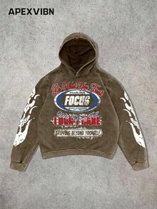 男士休闲连帽衫，赛车创意印花，高品质棉质抓绒卫衣，适合秋冬季穿着。 - 咖啡棕 - 查看 3