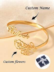1pc Customizable Birthday Flower Name Bracelet, Personalized Name Bracelet, Gold Color Bracelet, Stainless Steel Jewelry, Gold/Silver Available, Personalized Bracelet, Bridesmaid Gift, Birthday Gift, Surprise Gift, Valentine's Day Gift, Mother's Day Gift, Ramadan Gift, Gift For Mother, Lover, Girlfriend, Best Personalized Gift - Multicolor - View 2
