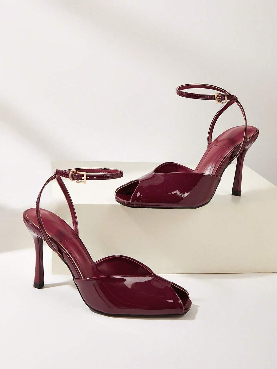 Sexy Patent Leather Buckle Square Toe Open Toe Party Banquet Stiletto High Heels,Mothers Day Gift - Burgundy - View 1
