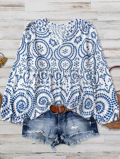 Women's Casual Comfortable Bamboo Knot Print Patchwork Long Sleeve Blouse Vacation