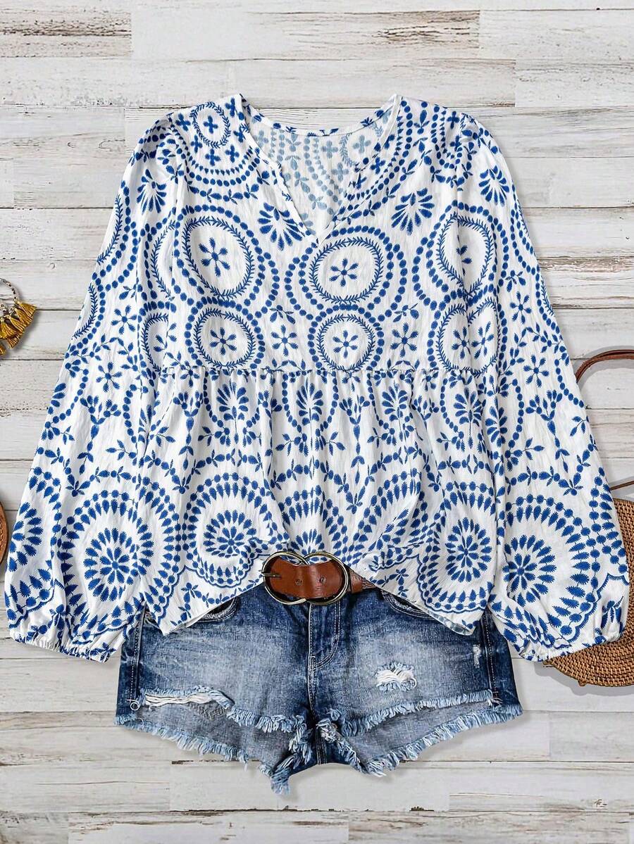 Áo kiểu nữ dài tay thoải mái, in họa tiết nút tre, phối nhiều mảnh, thích hợp cho kỳ nghỉ xuân. - Màu xanh lam - Xem 1