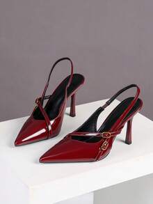 Women's High Heel Pointed Toe Fashion Thin Strap Buckle Backstrap Open Heel Pumps - Burgundy - View 6