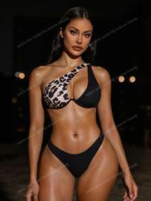 Swim SXY Summer Beach Leopard Ribbed Bikini Set Cut-Out Underwire One Shoulder Bra & High Cut Bottom 2 Pieces Bathing Suit - Multicolor - View 1
