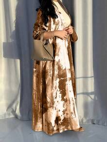 Elegant Abstract Print Long Sleeve Jalabiya Kaftan Dress, Made Of Non-Stretch Woven Fabric, Suitable For Women To Attend Various Occasions - Brown - View 1