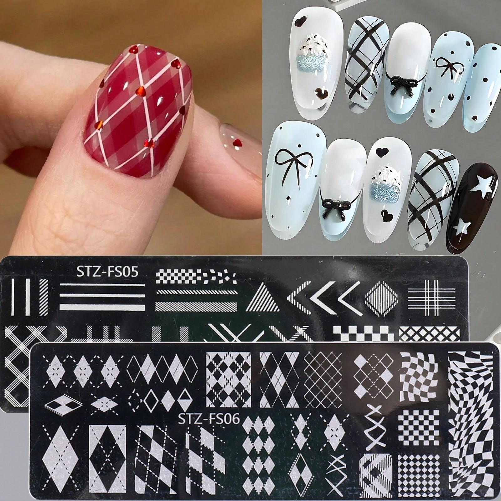 2pcs Plaid Line Geometric Nail Art Stamping Plates Set Sweet Japanese Square Diamond Gingham DIY Nail Transfer Printing Nail Art Stencils Tool For Home DIY Salon Use Nails Supplies Holiday Nail Decoration