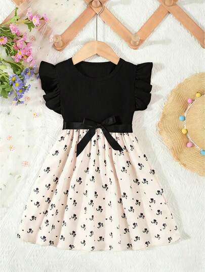 Girls' Sleeveless Floral Print Dress With Belt, Cute Outfit For Autumn And Summer