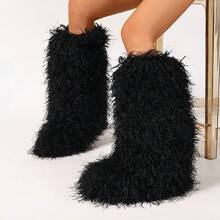 Women's Winter Snow Boots, Fashionable Faux Fur Boots - Black - View 7