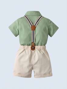 BOARNSEORL Young Boys 2pcs Gentleman Outfit, Green Collared Shirt With Bowtie And Khaki Suspender Shorts, Fashionable And Dashing For Birthday Party, Wedding, Performance - Green - View 3