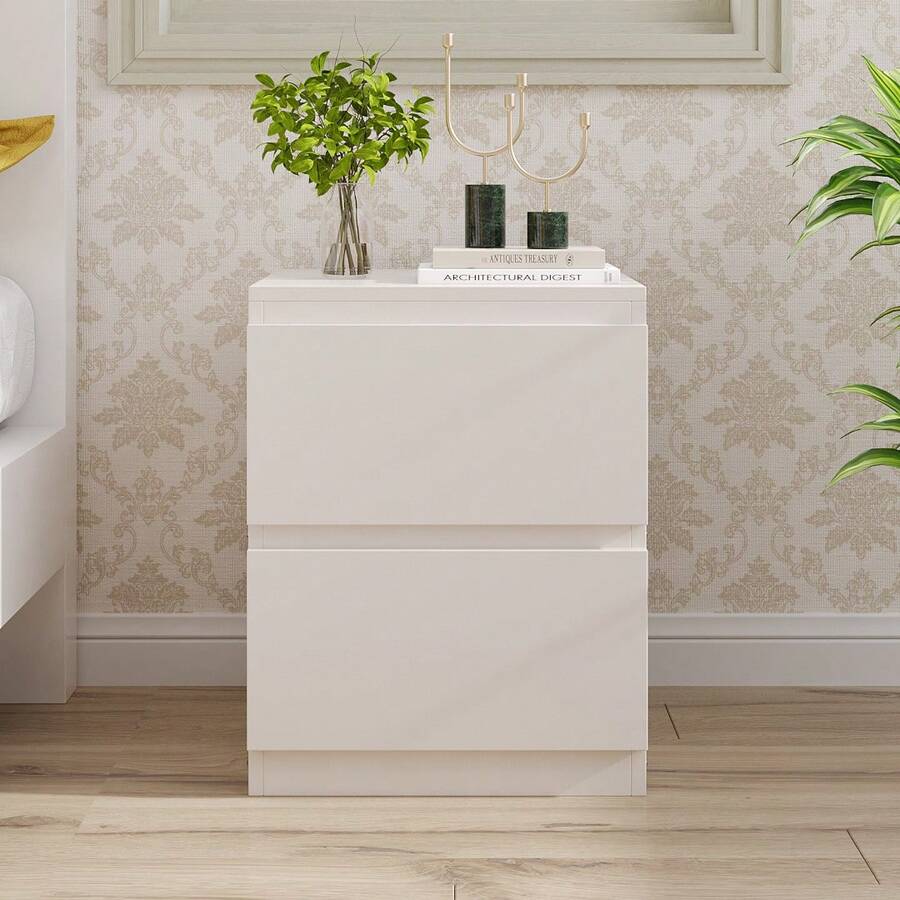 Living And Home 2-Drawer Wooden Nightstand Bedside Table In Grey/Warm White/Walnut - Warm White 40 cm (W) X 30 cm (D) X 41 cm (H) - View 1