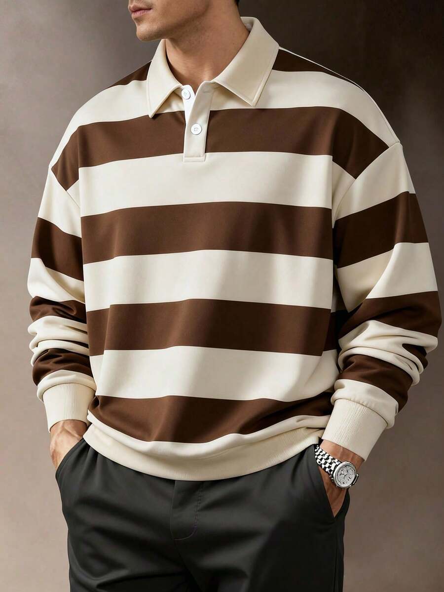 Men's Autumn Clothing: Men's Striped Polo Shirt With Collar, Striped Long Sleeve Shirt, Retro Style Men's Shirt, Men's Versatile Loose T-Shirt, Knit Polo Shirt, Shirt - Brown - View 1
