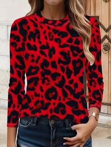 Women's Red Leopard Print T-Shirt - Long Sleeve Round Neck Blouse With Full-Body Animal Print, Spring/Autumn Casual Top For Home, Office & Daily Wear, Machine Washable Non- Shirt For Layering Or Standalone Outfits - Mixed Color - 查看 6